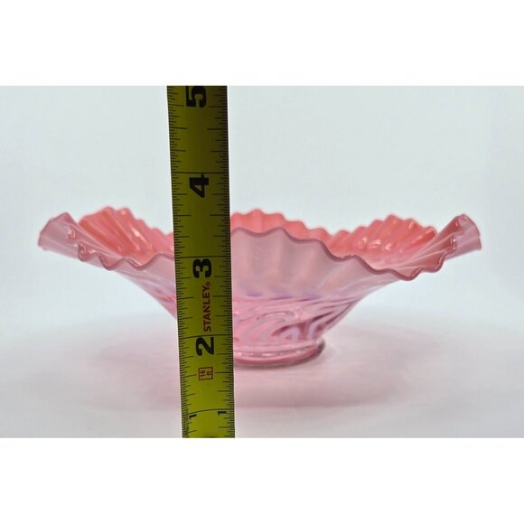 Vintage Fenton Cranberry Opalescent Glass Bowl With Ruffled Edge & Swirl Pattern - Picture 9 of 9